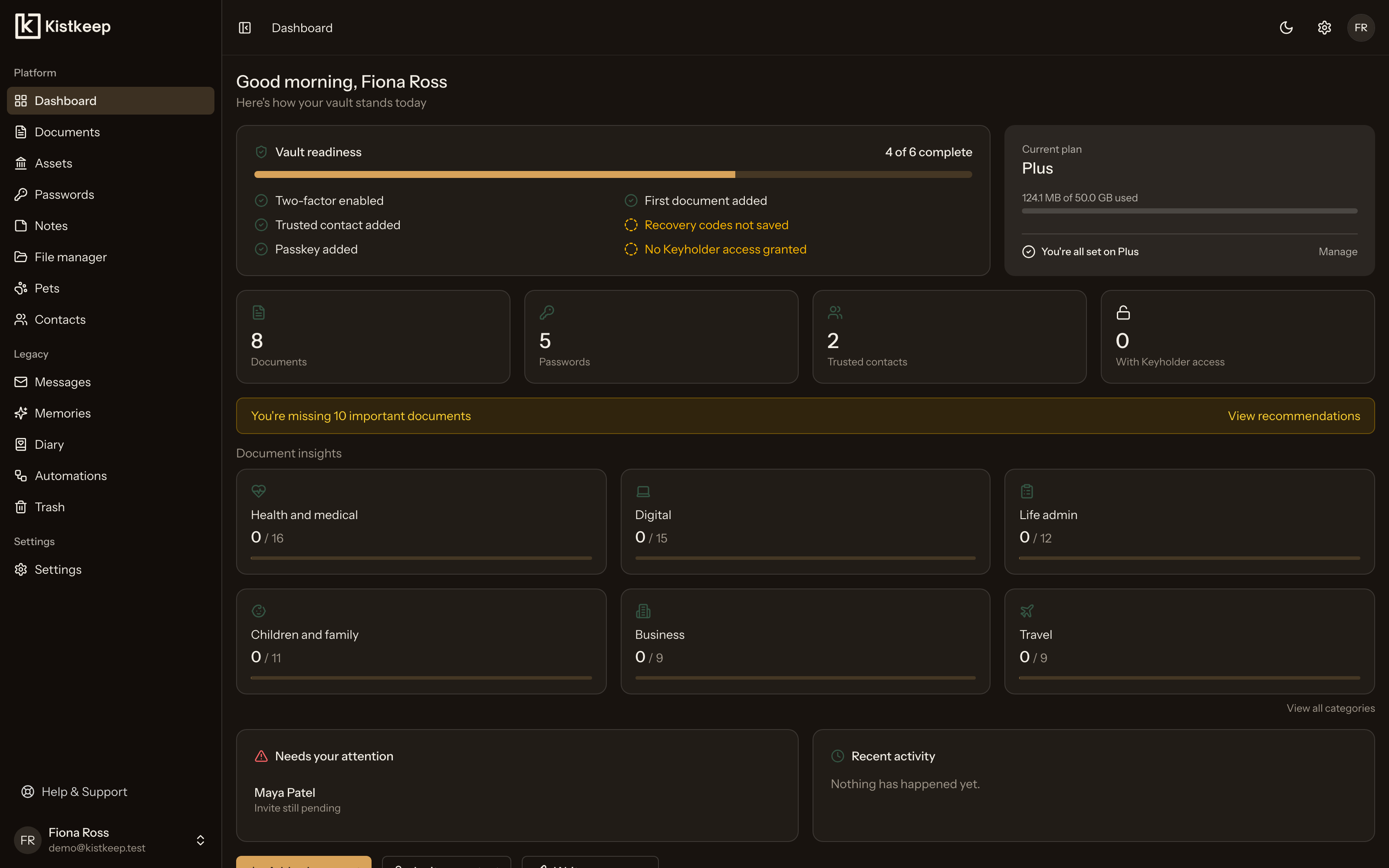 Kistkeep dashboard showing vault readiness, documents, memories and trusted contacts